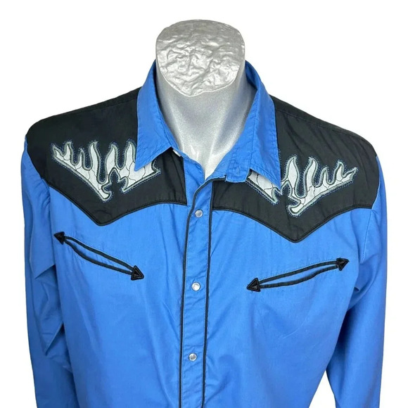Johnny West Western Men Shirts Blue Size L LS MWG Pearl Snap - Picture 3 of 7